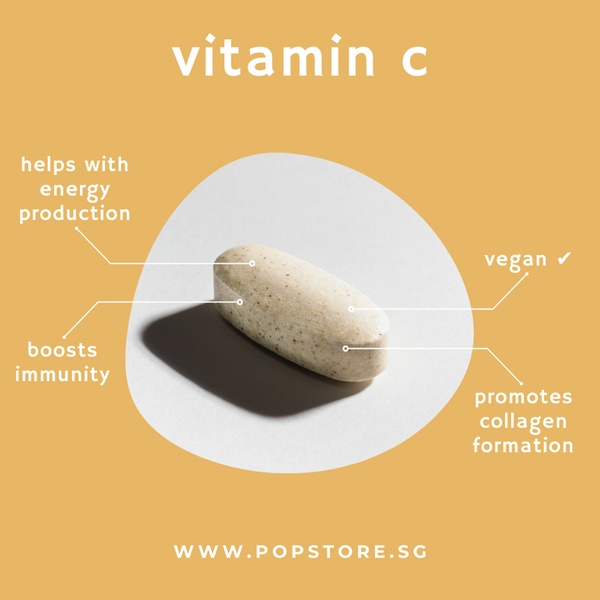 A clean 1:1 square ad graphic that deconstructs a single supplement tablet using callout lines to explain key health benefits and attributes.